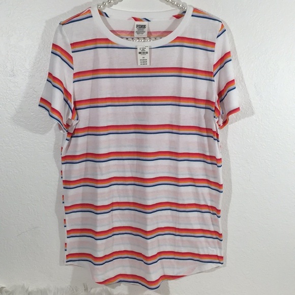 Pink Victoria’s Secret Crew Tee White Rainbow New - Picture 3 of 9